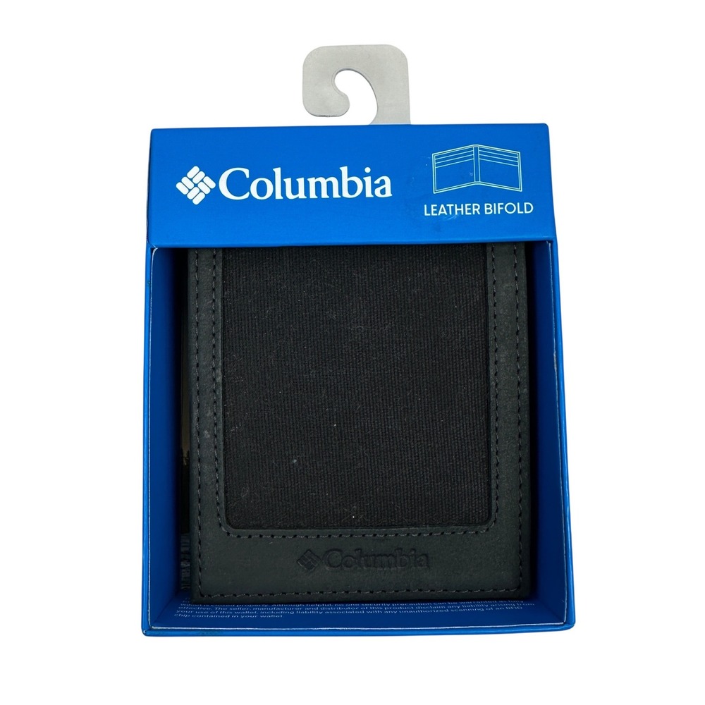 Columbia Mens Black Leather Bifold Wallet RFID Blocking Canvas Inlay Card Holder